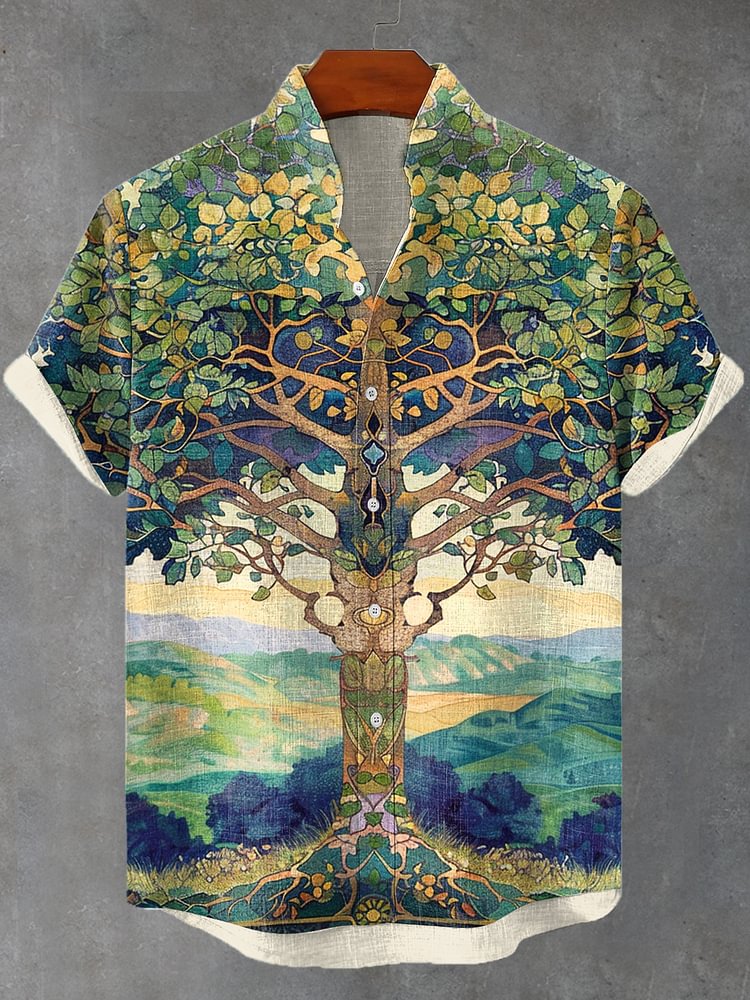 Men's Mysterious Totem Tree Of Life Art Print Short Sleeve Linen Blend Shirt