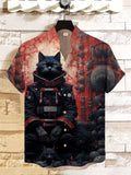 Men's Mysterious Black Cat In A Space Suit Art Print Short Sleeve Linen Blend Shirt