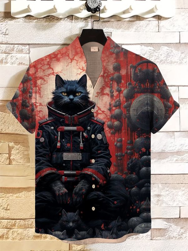 Men's Mysterious Black Cat In A Space Suit Art Print Short Sleeve Linen Blend Shirt