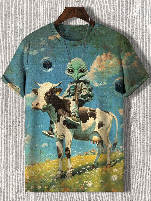 Men's Retro Aliens And Cow Science Fiction Art Print Casual T-Shirt