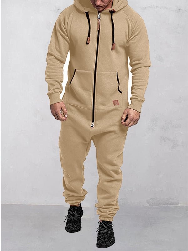 Men's Casual Solid Color Zipper Pocket Fleece Hooded Jumpsuit