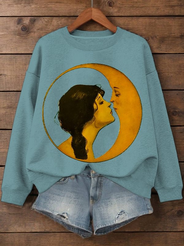 Women's Woman Kissing Moon Art Print Cotton Long Sleeve T-Shirt Thin Sweatshirt