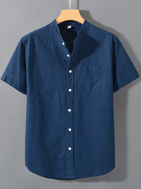 Men's Stand-up Collar Chest Pocket Cotton And Linen Shirt
