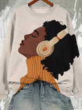 Women's Black Girl Listening To Music Art Print Casual Sweatshirt