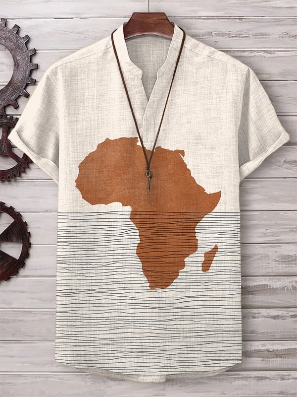 Men's Silhouette Outline Of Africa Print Linen Blend V Neck T-Shirt