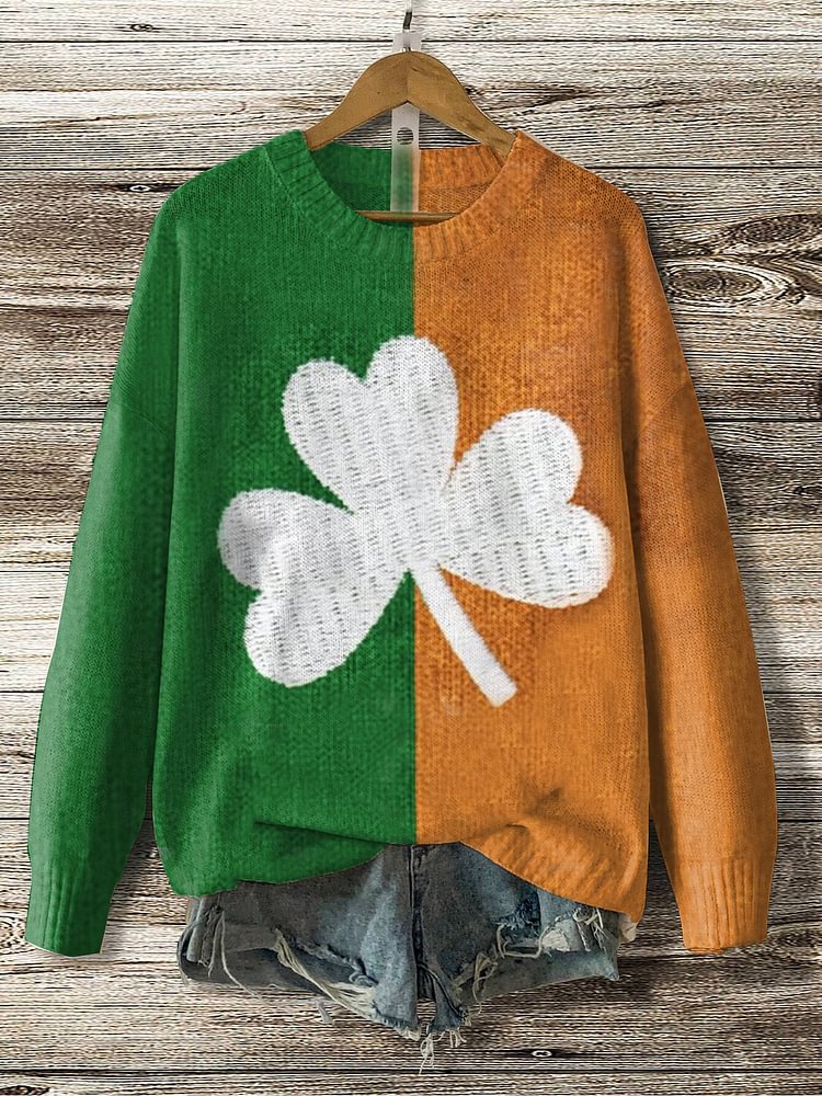 Women's St. Patrick's Day Clover Color Splice Print Knit Sweatshirt