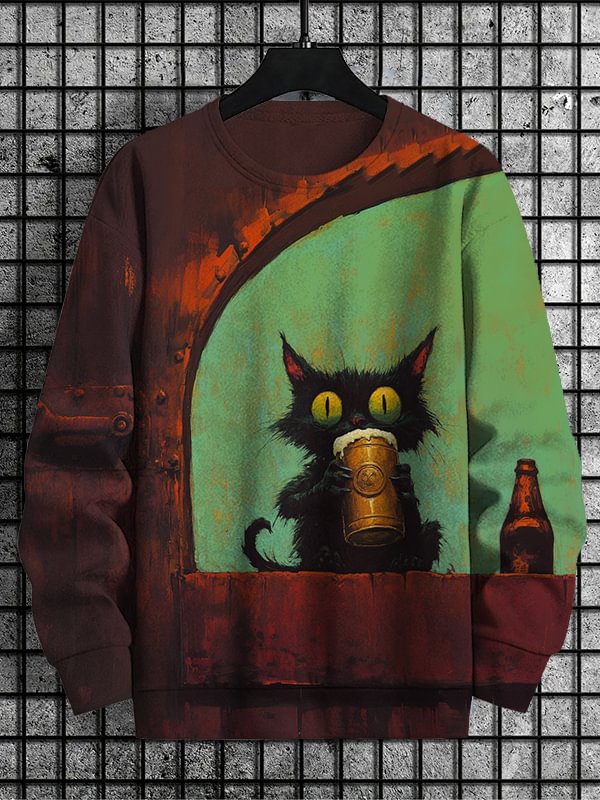 Men's Creepy Cat Drinking Beer Oil Painting Print Casual Sweatshirt