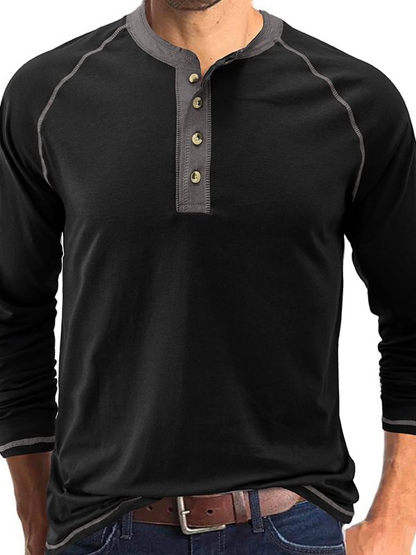 Men's Casual Color Matching Half Button Long Sleeve Henley Shirt
