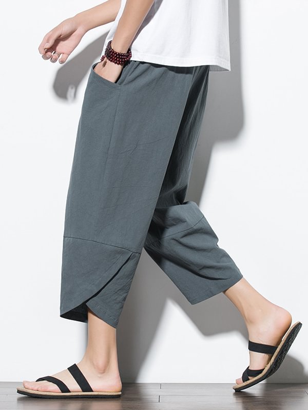 Men's Casual Pocket Drawstring Waist Wrapped Cuff Cotton Linen Crop Harem Pants