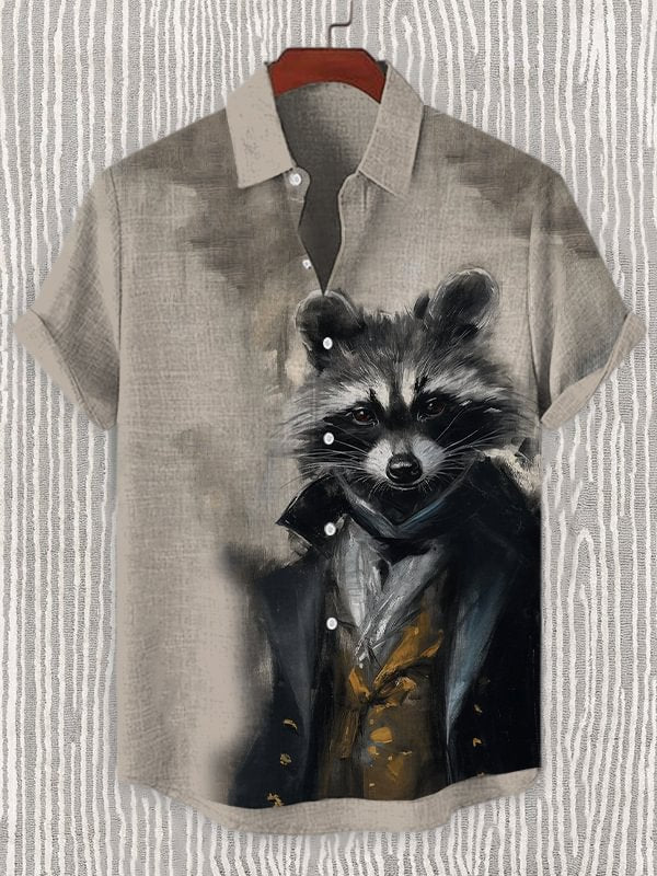 Men's Raccoon Gentleman Portrait Oil Painting Art Print Linen Blend Shirt