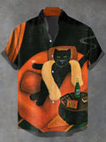 Men's Funny Cozy Black Cat Drinking Illustration Print Casual Shirt