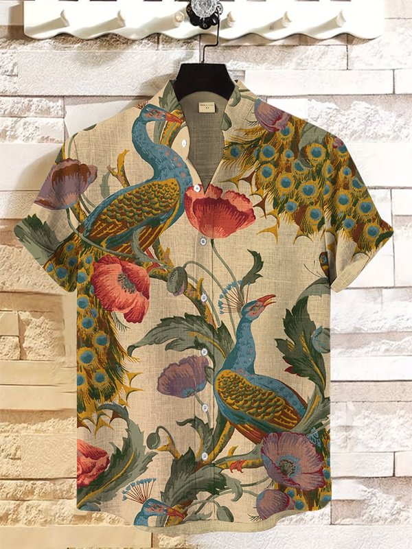Men's Vintage Peacock Flower Art Print Linen Blend Shirt