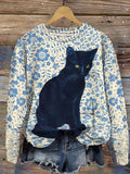 Women's Black Cat And Flower All Over Print Casual Sweatshirt