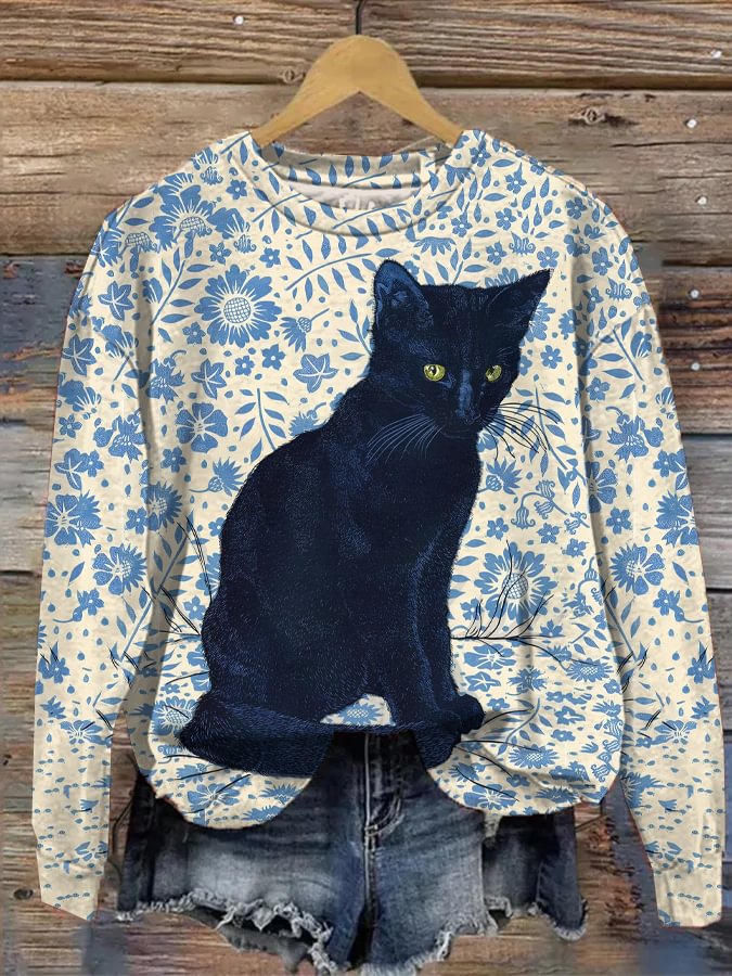 Women's Black Cat And Flower All Over Print Casual Sweatshirt