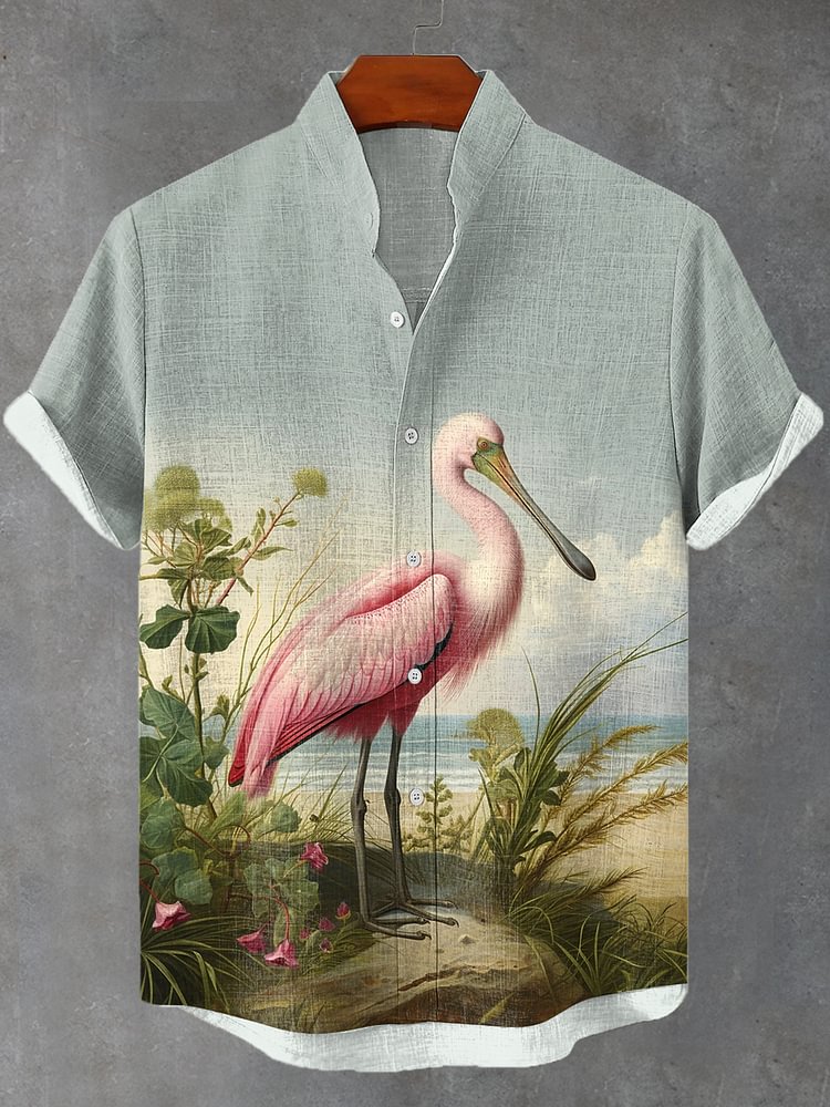 Men's Roseate Spoonbill Natural Art Print Linen Blend Shirt