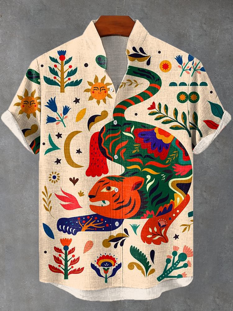 Men's Boho Tiger Resort Plants Cartoon Art Short Sleeve Linen Blend Shirt