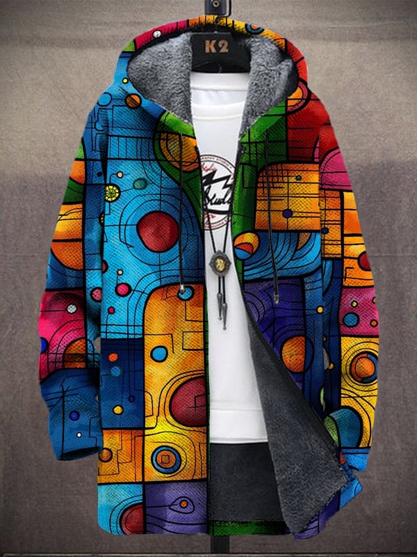 Men's Abstract Geometric Shapes Colorful Graphics Art Print Hooded Trench Coat