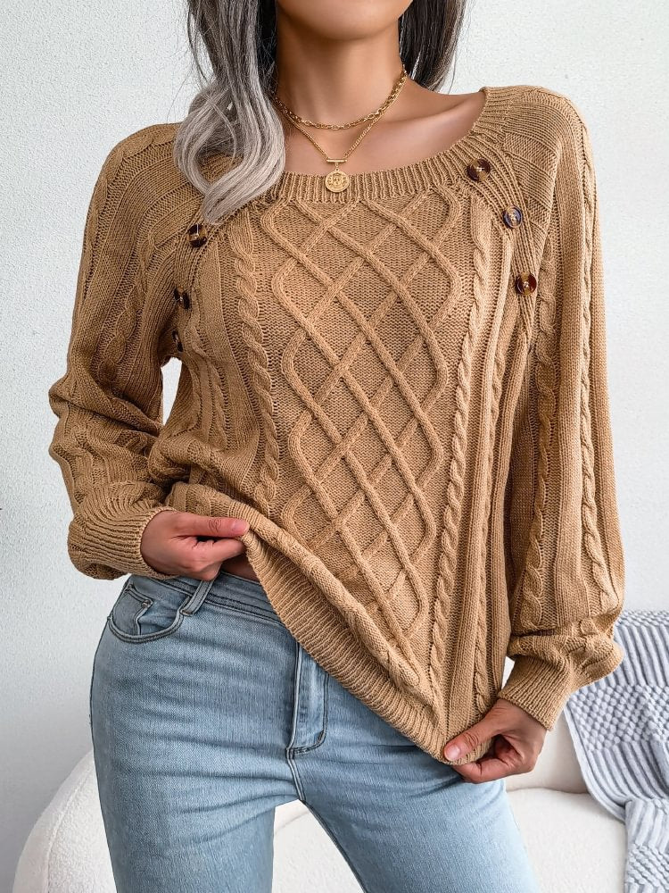 Women's Casual Button Decor Loose Cable Knit Sweater