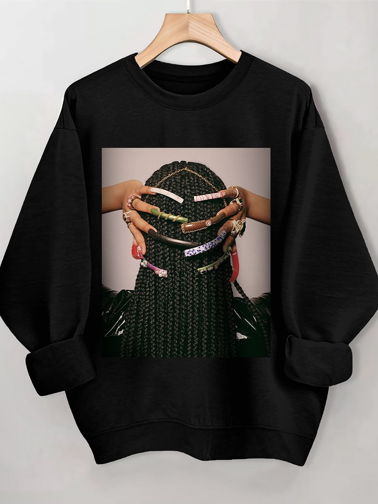 Women's Beautiful Braids And Nails Print Cotton Long Sleeve T-Shirt Thin Sweatshirt