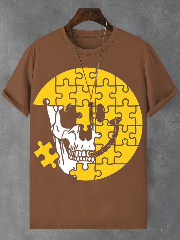 Men's Skull Smiley Face Puzzle Print Cotton Casual T-Shirt