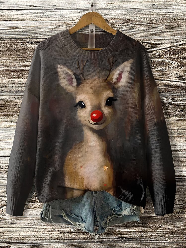 Women's Red-nosed Reindeer Print Knit Sweatshirt