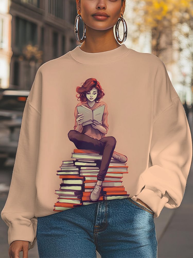 Women's Reading Enthusiast Art Print Casual Sweatshirt