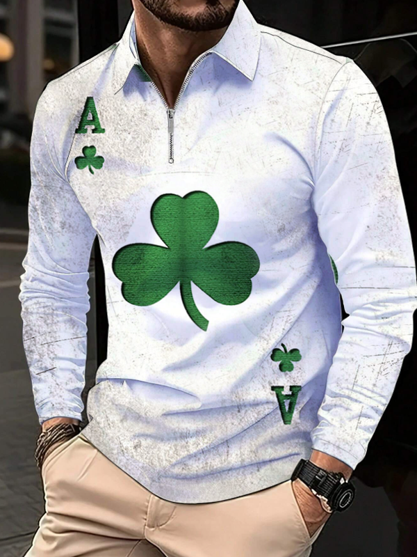 Men's St. Patrick's Day Poker Clover Graphic Print Casual Half Zip Sweatshirt
