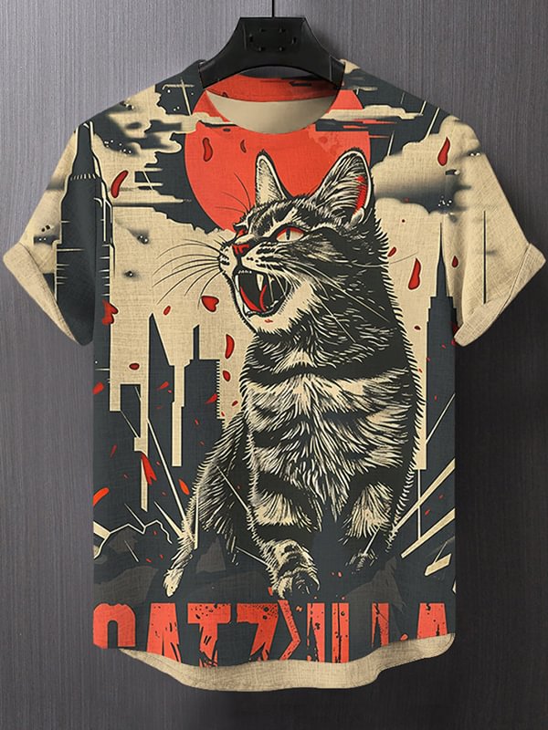 Men's Dark City Scenery Bloody Ferocious Cat Art Print T-Shirt