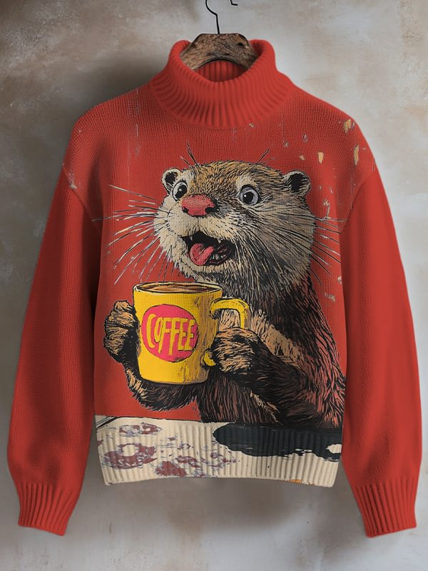 Women's The Otter Was Burned By The Coffee Print High Neck Knit Sweatshirt