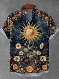 Men's Night Sun Moon Boho Flower Spirituality Print Linen Blend Shirt
