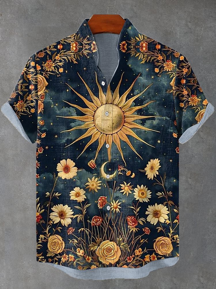 Men's Night Sun Moon Boho Flower Spirituality Print Linen Blend Shirt