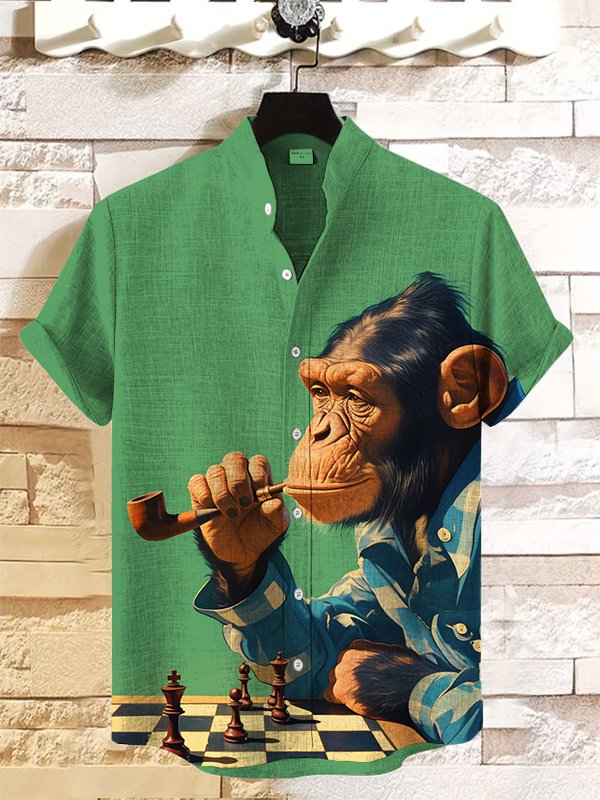 Men's Chimpanzee Plays Chess Art Print Casual Shirt