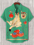 Men's Leisure Cat Fruit Thermometer Art Print Short Sleeve Shirt