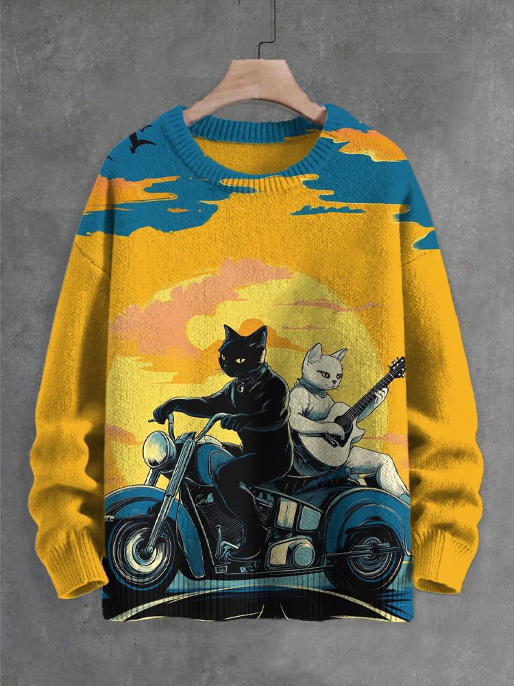 Men's Motorbike Cat Couple Guitar Player Art Print Knit Sweatshirt
