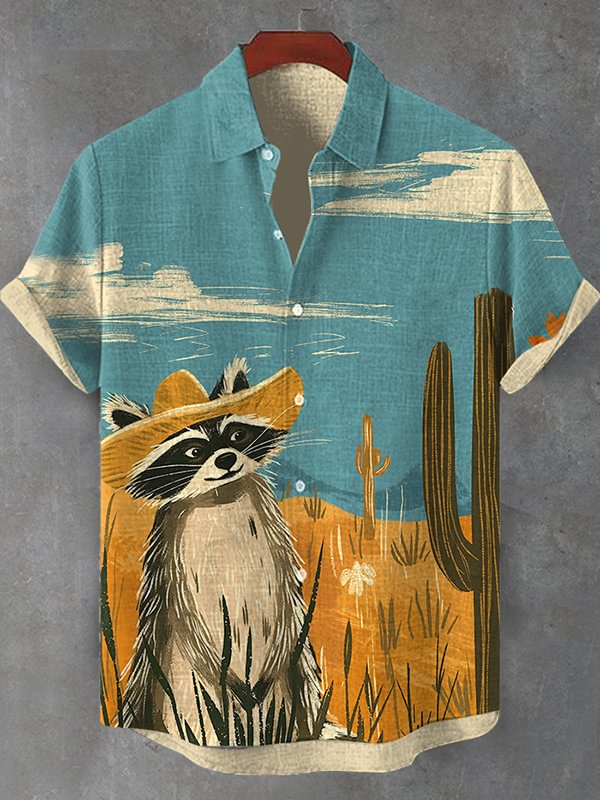 Men's Autumn Western Cowboy Raccoon Art Print Shirt