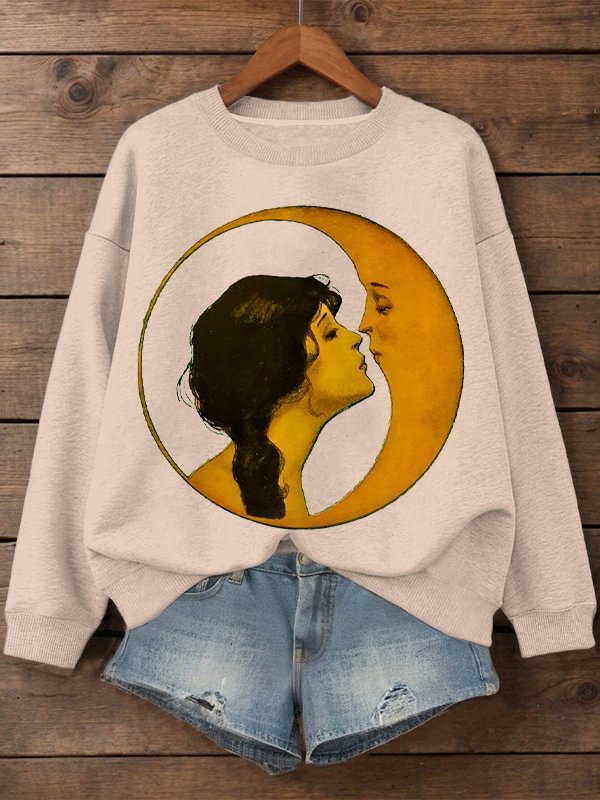 Women's Woman Kissing Moon Art Print Cotton Long Sleeve T-Shirt Thin Sweatshirt