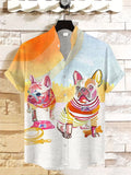 Men's Holiday French Bulldog Watercolor Art Print Linen Blend Shirt