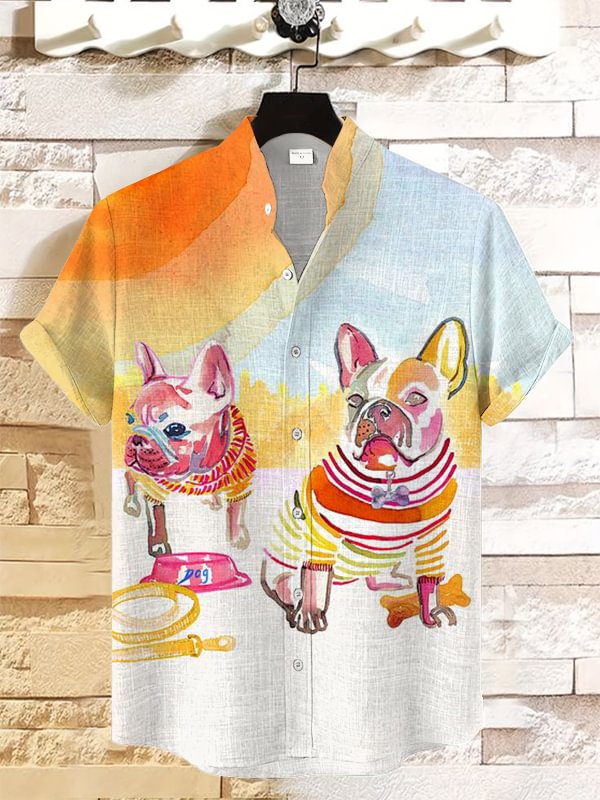 Men's Holiday French Bulldog Watercolor Art Print Linen Blend Shirt