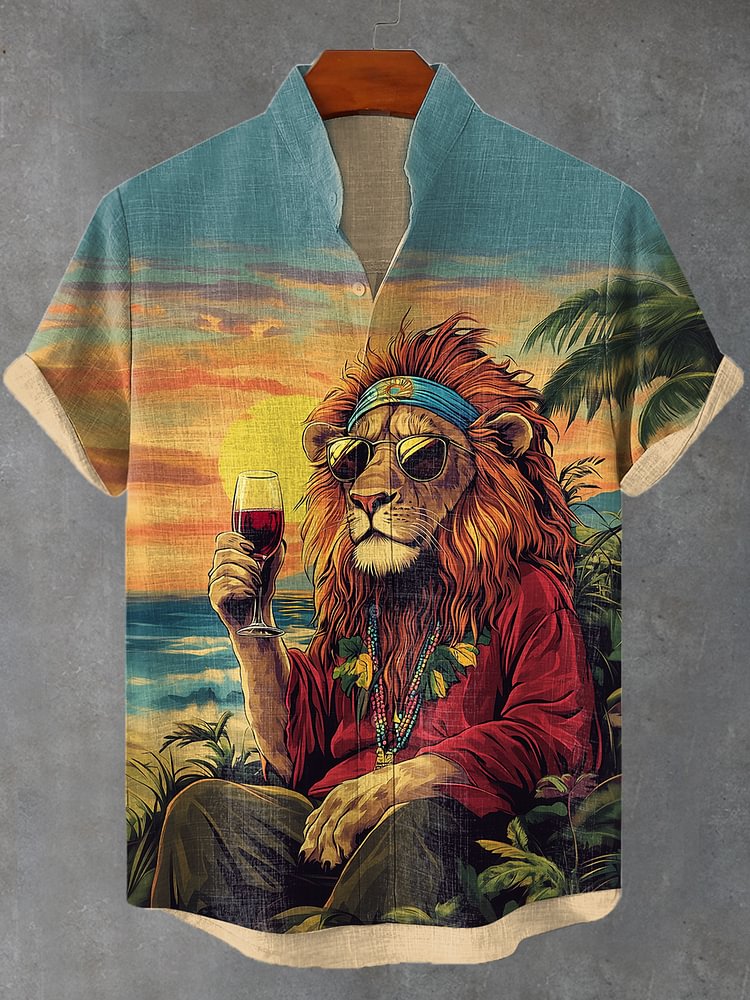 Men's Reggae Soul Lion Sunset Wine Art Print Shirt