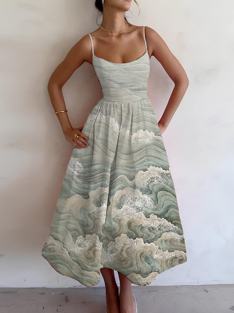 Women's Japanese Sea Wave Print Cami Midi Dress