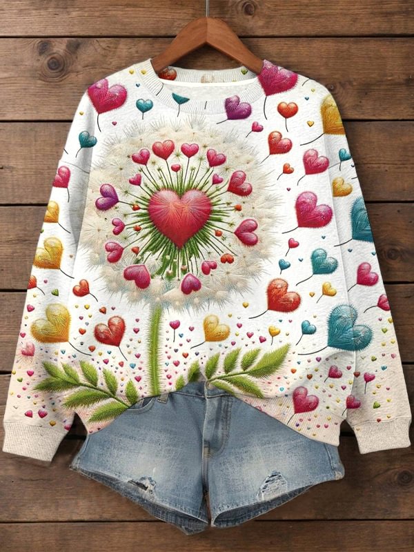 Women's Love Heart Shaped Dandelion Art Print Casual Sweatshirt
