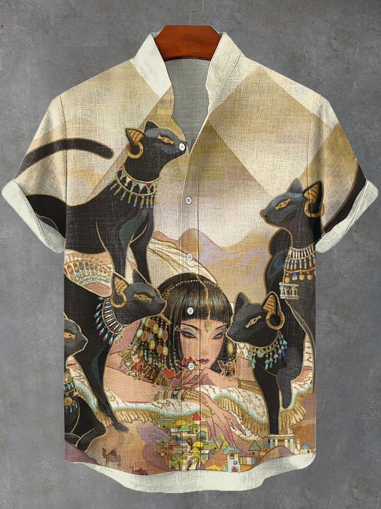 Men's Egyptian Girl And Black Cat Print Casual Shirt