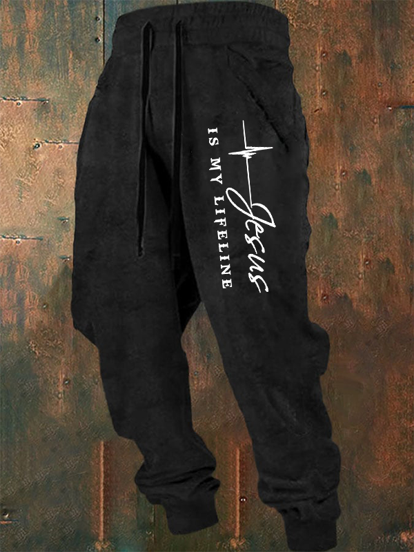 Men's Jesus Is My Lifeline Slogan Print Retro Sweatpants