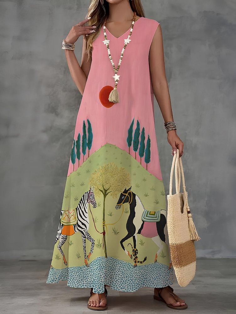 Women's Vacation Horse Zebra Print V Neck Sleeveless Maxi Dress