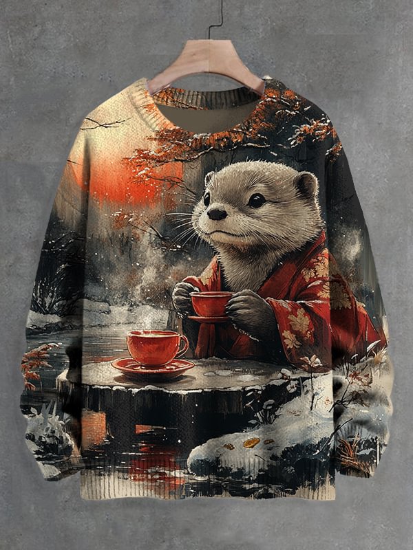 Men's Otters Drinking Tea In Winter Art Print Knit Sweatshirt