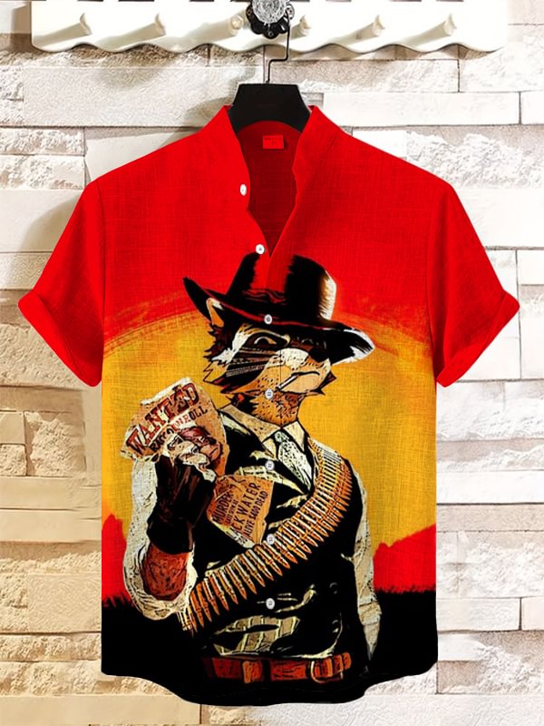 Men's Secret Agent Cowboy Raccoon Print Linen Blend Shirt