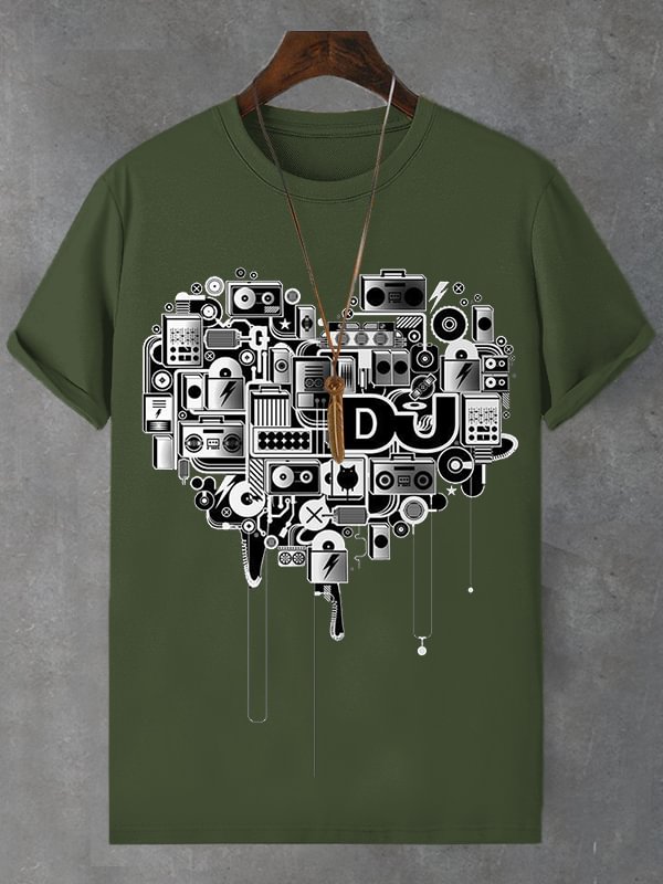 Men's Vintage Heart Pattern Music Art Print Cotton Casual T-Shirt