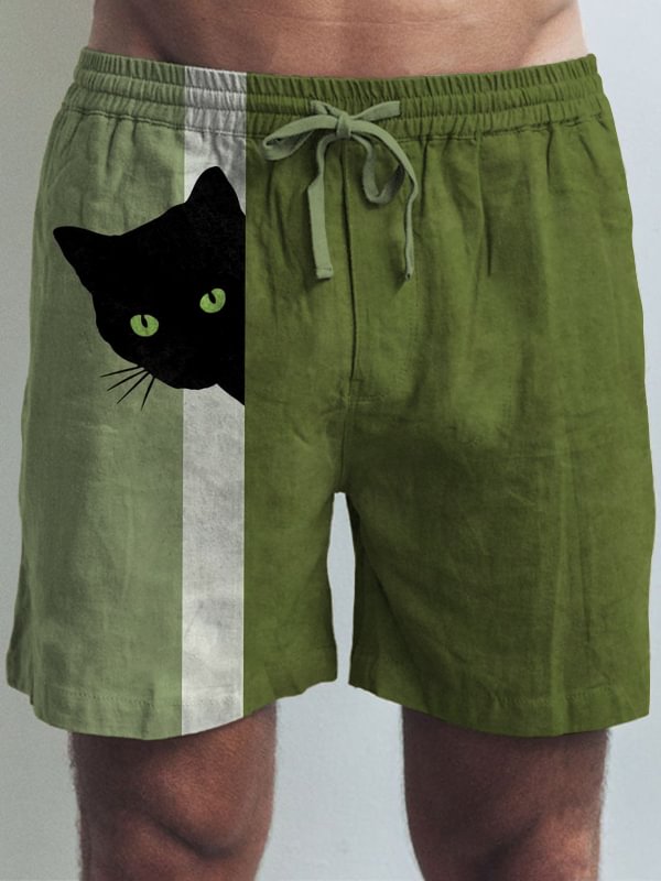 Men's Fun Hide And Seek Black Cat Print Casual Shorts