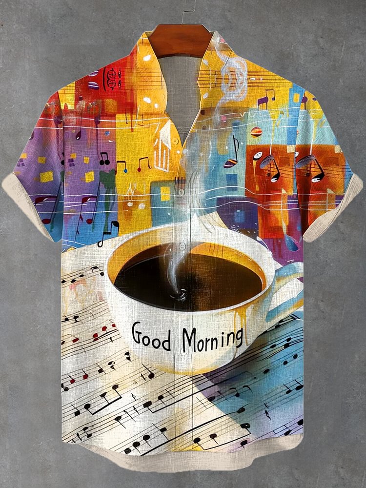 Men's Good Morning Coffee And Music Note Print Casual Shirt