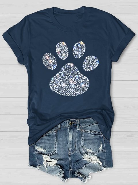 Women's Rhinestone Animal Dog Paw Print Casual T-Shirt